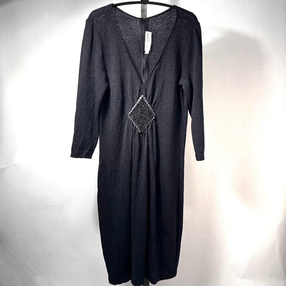 ST. JOHN Evening Santana Knit  Rhinestone Black Dress 3/4 sleeves, size 10 USA